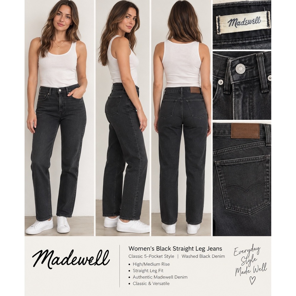 Madewell Classic Straight Jeans Black High Rise Denim Size 26
